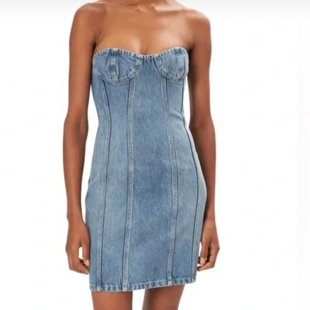 Ronny Kobo Collection Strapless Denim Mini Dress in Light Blue